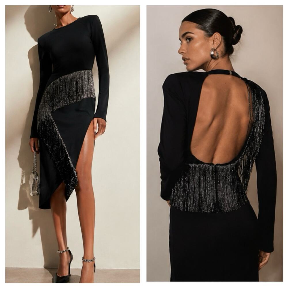 NWT The Attico Black Fringe Open Back Asymmetric Midi Dress IT44 US8